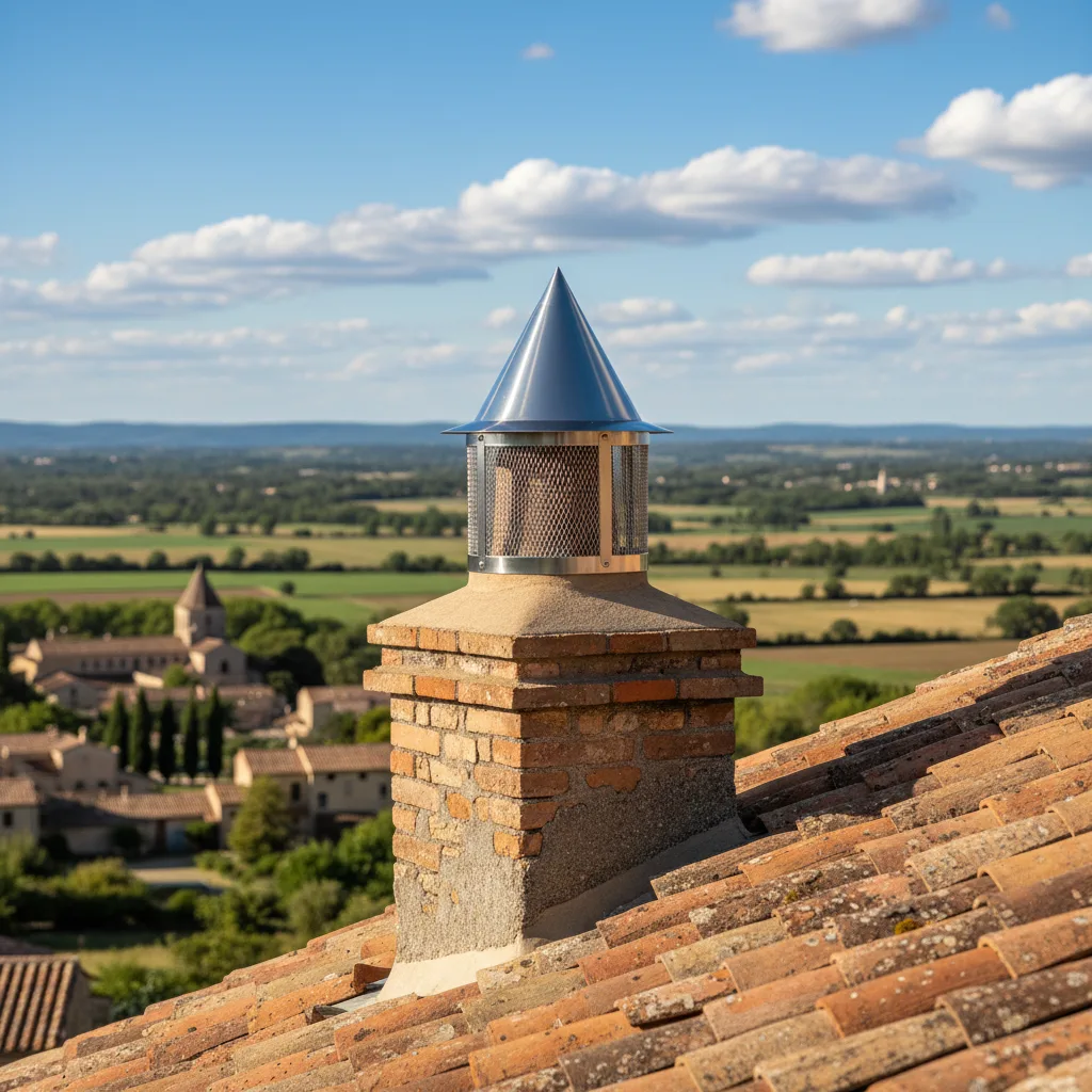 Chapeau de cheminée en inox installé sur un toit en tuile