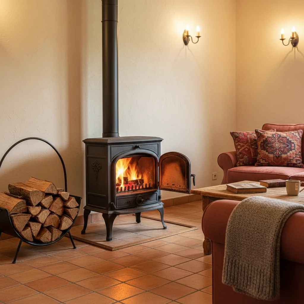 Poêle à bois en fonte dans un salon chaleureux en Charente