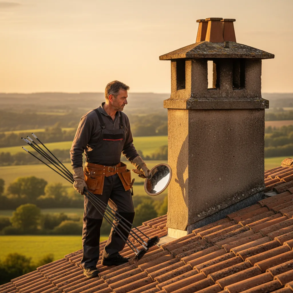 Ramoneur Ramonage Charente Limousine en intervention sur un toit en Charente