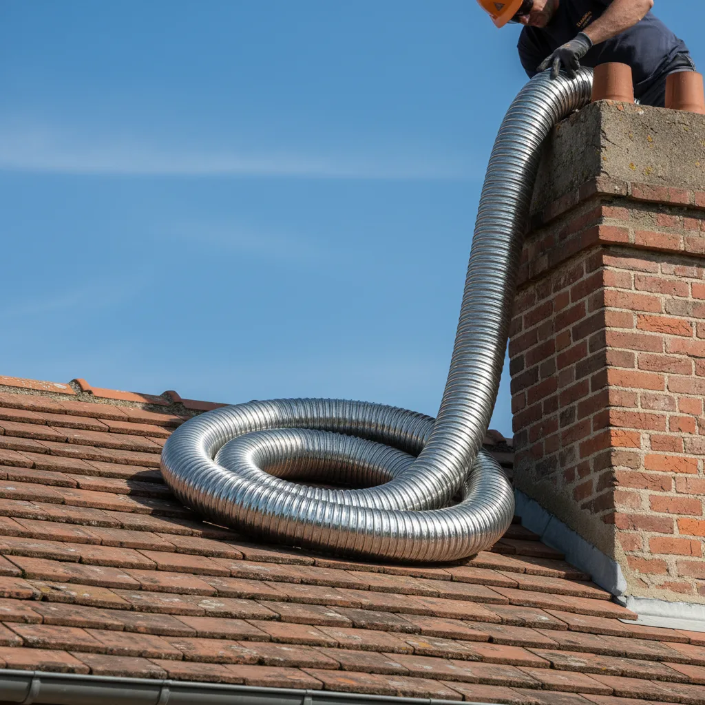 Tubage inox flexible dans un conduit de cheminée ancien